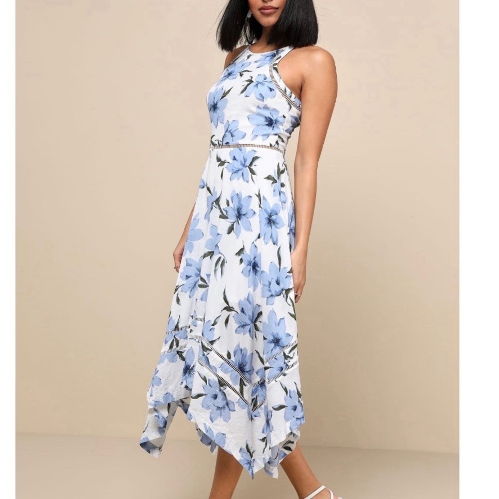 Lulus Zahara Blue White Floral‎ Cotton Sleeveless Midi Dress Size SMALL